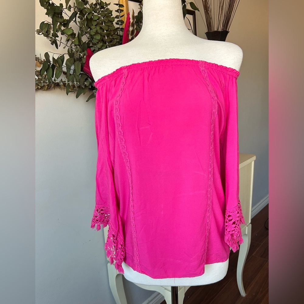 Pink Boho Crochet Tassel Off The Shoulder Top Size S